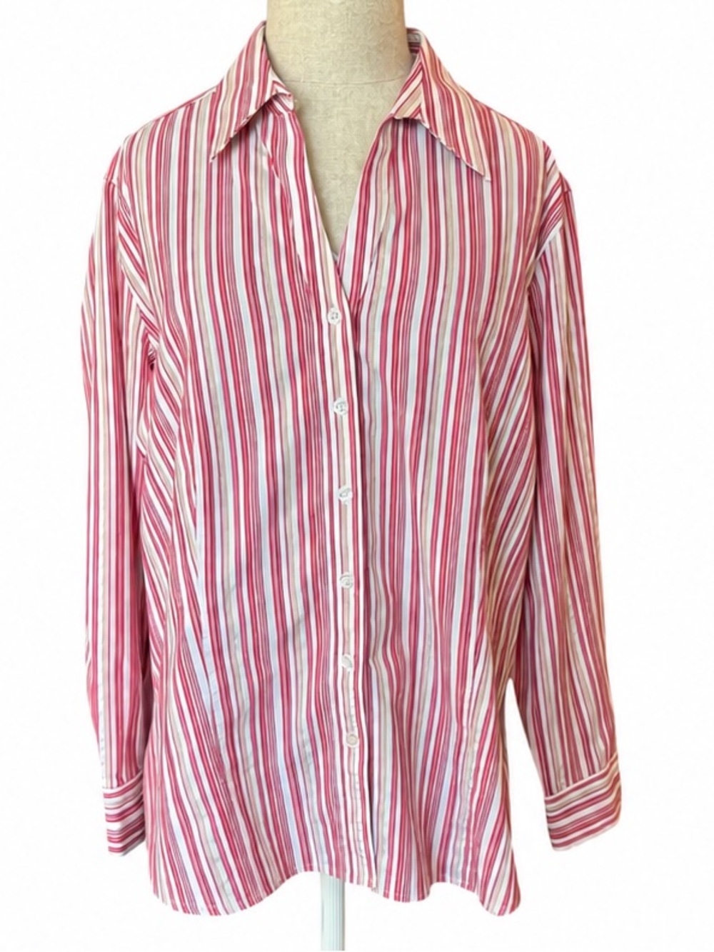 Chico’s Red White Tan Stripe Button Down Shirt Shimmer Cotton Blend 3 (XL/16)